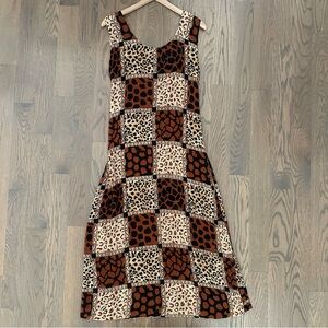 Vintage 90s Grunge Animal Print Patchwork Gauze Midi Dress Brown Multicolor M